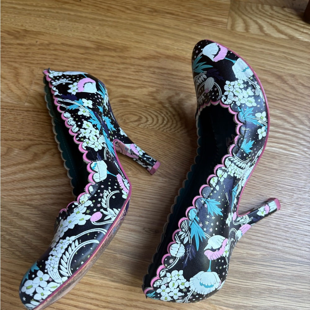Irregular Choice Black Heels with Pink and White Floral Design - Picture 3 of 11